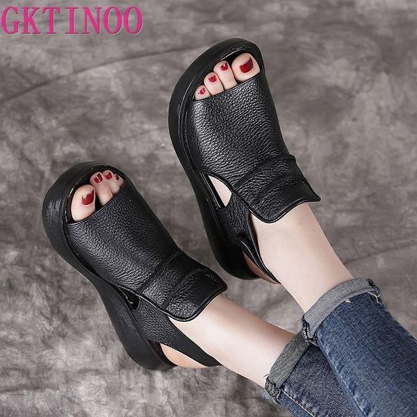 

summer shoes thick bottom flat platform sandals for women genuine cow leather fashion wedges peep toe dress, Black
