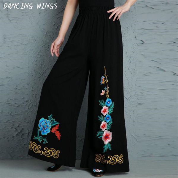 

women's pants & capris chinese style embroidery flower casual elastic waist cotton linen wide leg full length dx67, Black;white
