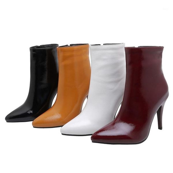 

boots pxelena shoes winter ankle women patent leather stiletto high heel office lady dress party date short 34-451, Black