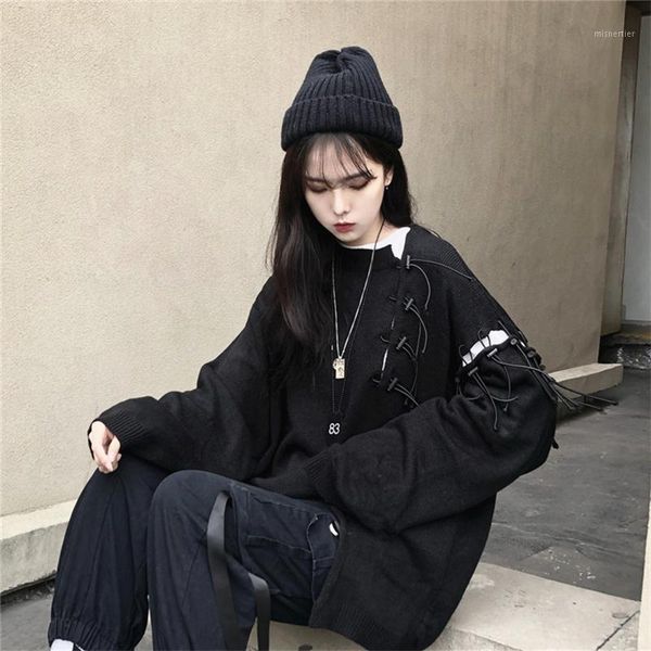 

autumn and winter korean lazy ladies sweater harajuku style seam design irregular student female women's sweaters, White;black