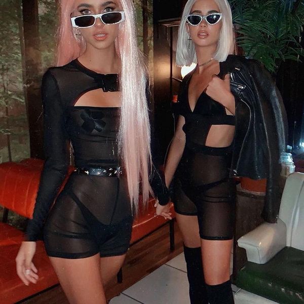 

women's jumpsuits & rompers cinessd hollow jumpsuit europe and the united states open-back perspective long-sleeved mesh gown, Black;white