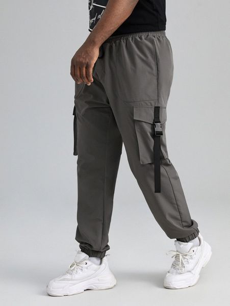 

extended sizes men flap pocket buckle ribbon cargo pants t6kh#, Black