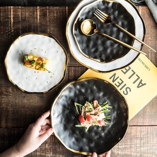 

golden stroke ceramic plates sets european modern 4-piece set kitchen tableware relief decorative porcelain steak dinner plate dishes &