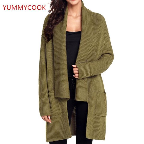 

women's sweaters yummycook autumn winter loose simple v-neck knit cardigan medium long solid color long-sleeved clothing sweater coat a, White;black
