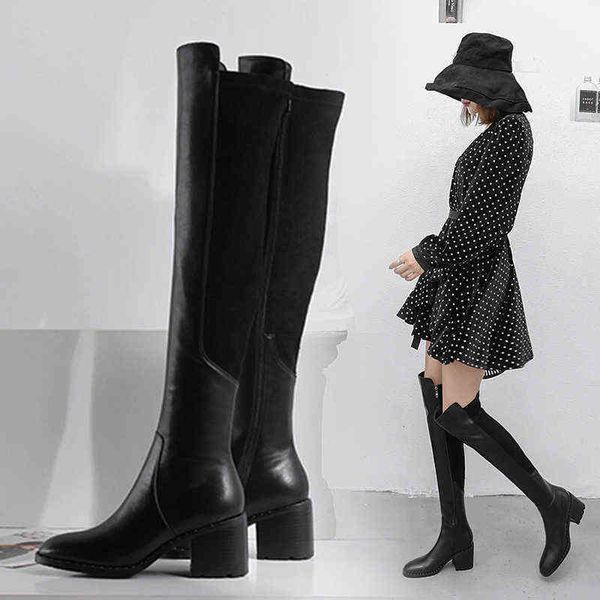 

leather women's genuine high boots fashion slip-on over-the-knee women autumn winter flock round toe stretch 220108, Black