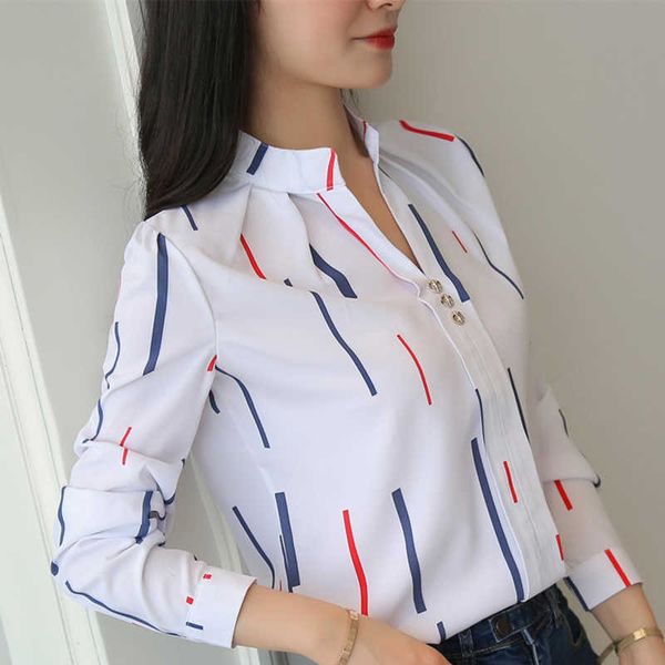 

korean women shirts woman long sleeve v-neck blouse office lady striped white plus size blusas mujer de moda blouses 210531