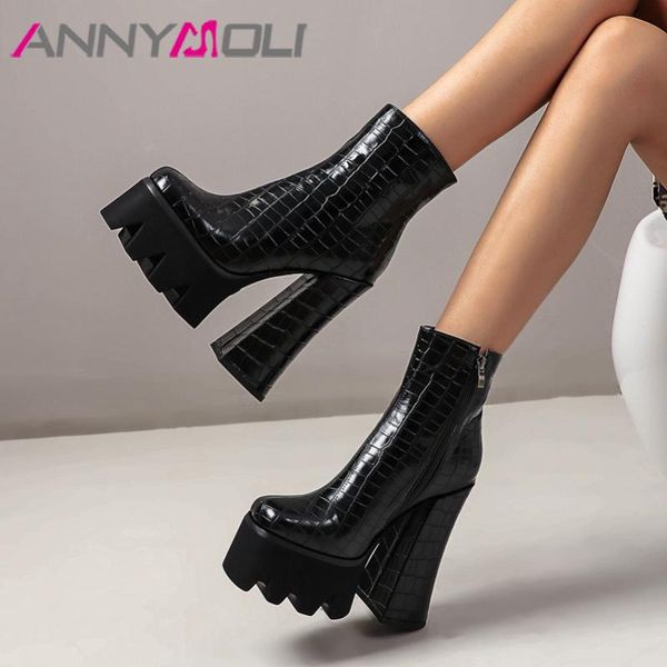 

boots annymoli women short shoes platform super high heel ankle round toe thick heels zipper lady fashion winter 43, Black