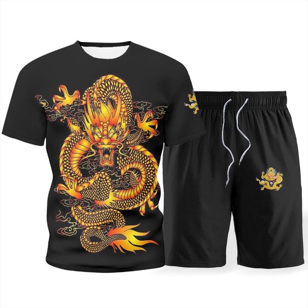 

sets chinese style summer mens tracksuit short sleeved t shirt suit black red retro two piece 3d printing dragon, Gray