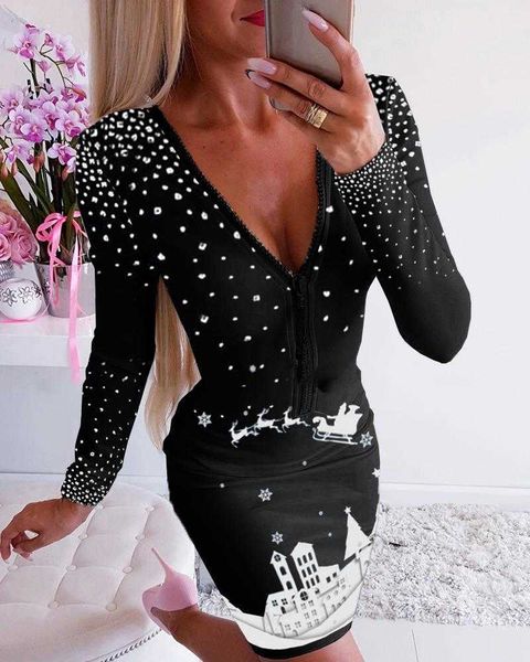 

women elegant v neck mini casual dress female christmas castle santa claus print black long sleeve bodycon dress 210716, Black;gray