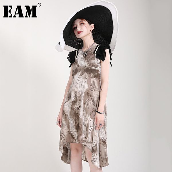 

[eam] women print irregular ruffle pleated dress round neck short sleeve loose fit fashion spring summer 1dd8143 210512, Black;gray