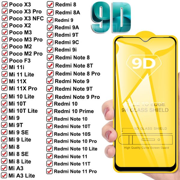 Protetor de tela de vidro temperado moderado 9D para Xiaomi Poco X3 NFC M3 Pro F3 10 MI 9 8 SE A3 A2 Lite 6x Max 2 3 Mix 2 3 Redmi 9 9A 9T 9C 8 8A 9A 10S 9S