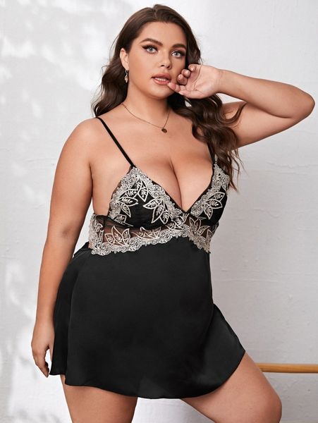 

plus contrast embroidery mesh slips with thong t3ng#, Black;white