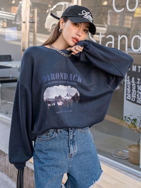 

dazy letter & mountain print drop shoulder pullover 05tz#, White;black