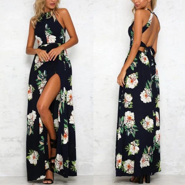 

women's leggings vestidos de verano 2021 fashion women print boho floral long maxi dress sleeveless evening party summer beach sundress, Black