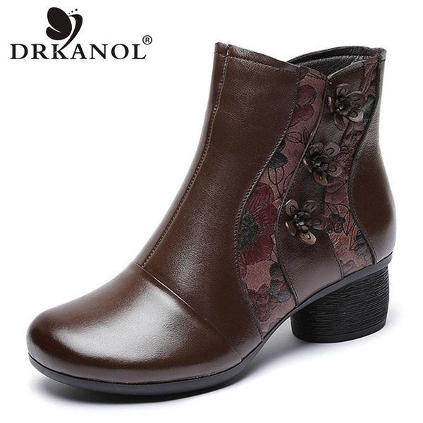 

boots drkanol autumn winter women ankle retro handmade flowers side zipper genuine leather thick heel mother warm shoes, Black