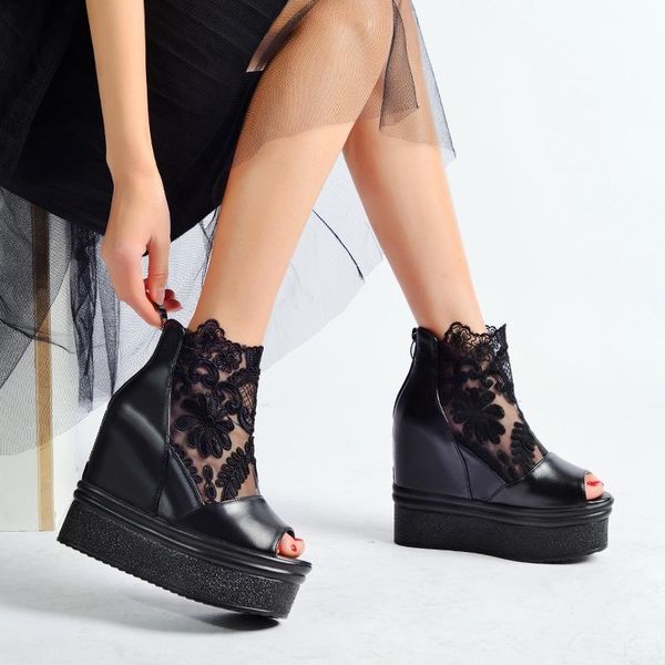 

boots ankle shoes women summer hollow out lace high slope fish mouth single mesh thick bottom wedges short, Black