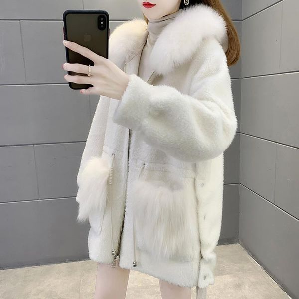 

women's fur & faux winter real coat female sheep shearing long jacket natural coats warm thick korean fahsion clothes veste femme wpy, Black