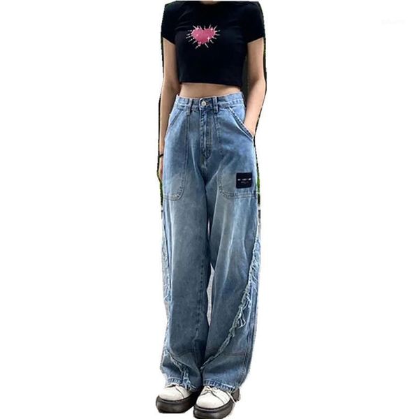 

women's jeans pants 2021 high street retro thin loose wild straight wide leg large size pocket, Blue