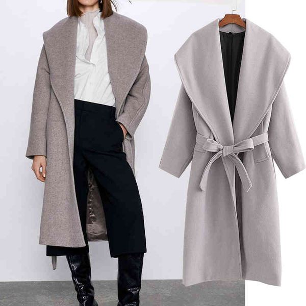 

wool women fall lapel pocket jacket open long coat mrs streetwear, Black