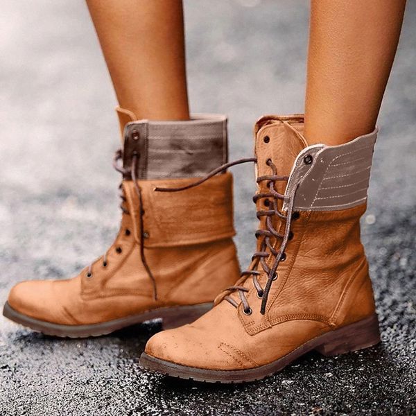 

lace up ladies booties spring autumn women square heel rome middle tube lace up boots knight shoes brown plus size 43 a8bq#, Black