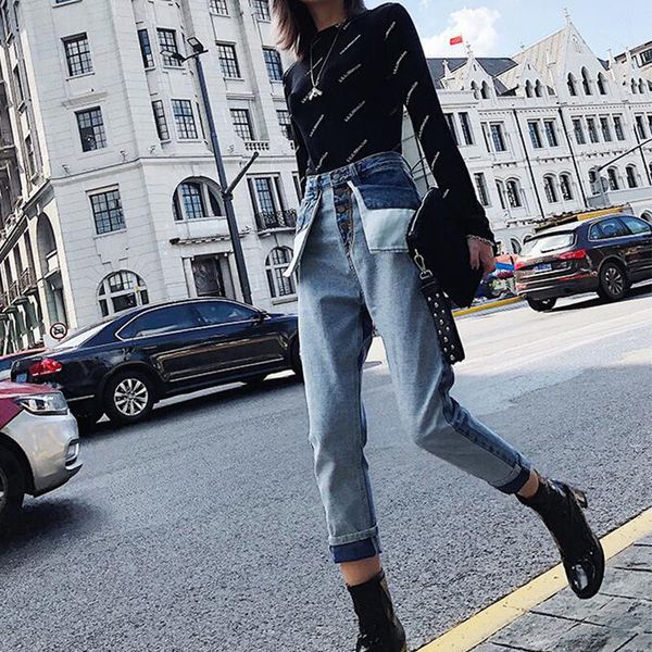 

women's jeans loose high waist pants vintage hong kong-style -pants patchwork distressed jean womens 0712, Blue
