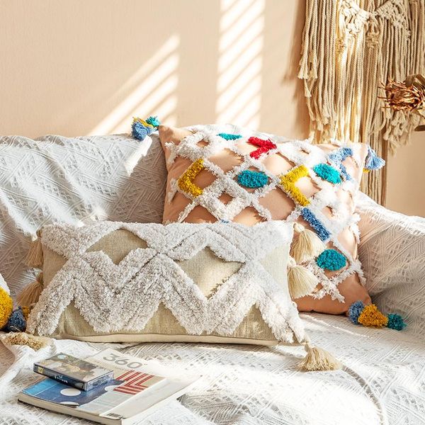 

pink ivory cushion cover boho style handmade decoration pillow 45x45cm /30x50cm for sofa bed diamond zigzag cushion/decorative