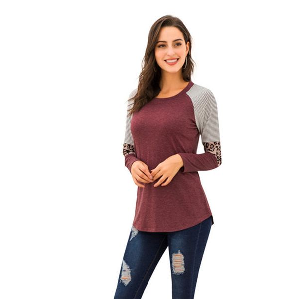 

autumn 2020 new women's round neck stripe long sleeve stitching leopard casual t-shirt, White