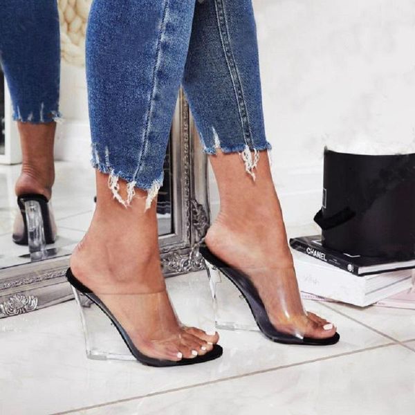 

slippers summer women transparent high heels jelly sandals open toe clear crystal ladies slides wedges shoes, Black