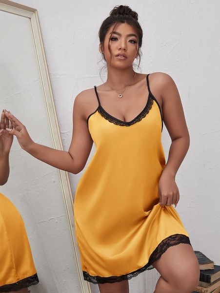 

plus lace trim satin cami nightdress 13ex#, Black;white