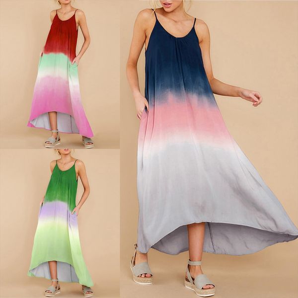 

long summer fashion patchwork casual women dress backless dye tie spaghetti strap with pockets camisole sundress, Black;gray