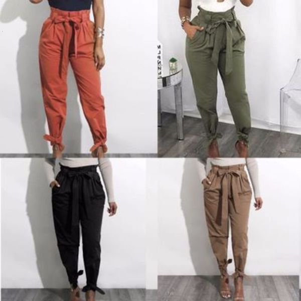 

2021 leggings solid color bandage high loose casual waist pants with belt, Black;white