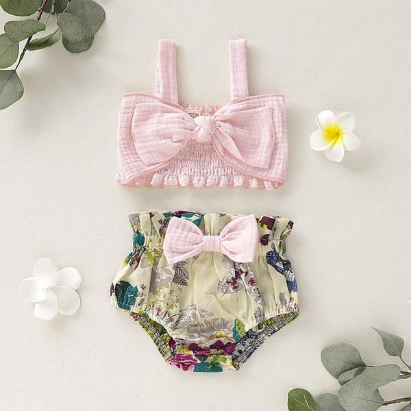 

clothing sets summer clothes cartoon toddler infant baby girls sleeveless pink bow +floral pp shorts outfits 2pcs set, White