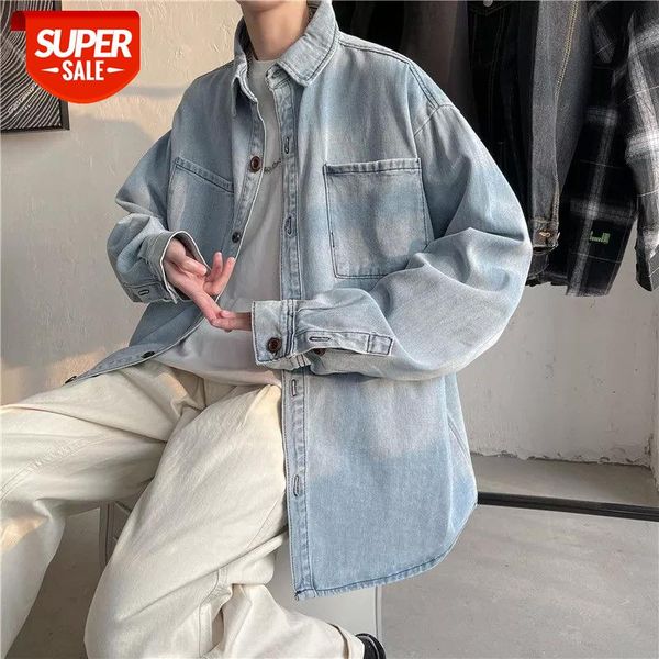 

2021 men's simple denim shirt loose new style long sleeves chic clothes blue color coats camisa masculina -2xl #6d3a, White;black