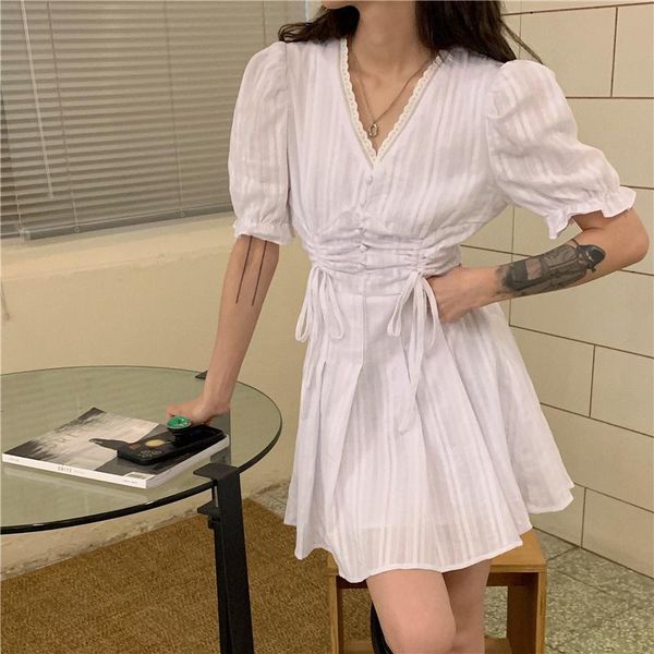 

summer drawstring white dresses for women 2021 puff sleeve v-neck high waist a-line harajuku kawaii cute mini dress casual party, White;black