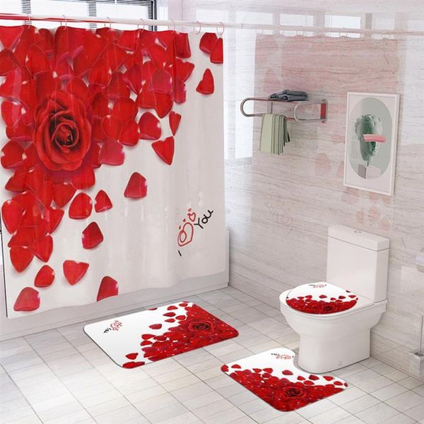 

bath mats toilet mat 3 pcs/set rose petals printed pattern cover foot pad non-slip absorbent bathroom door rug carpet