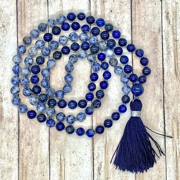 

chains logic wisdom and truth mala necklace 108 beads yoga jewelry natural lapis blue j-asper tassel, Silver