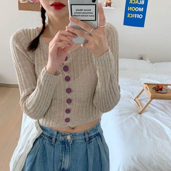 

women's knits & tees girl summer autumn knitted jacket thin cardigan full sleeve blouse cropped women button mesh, White