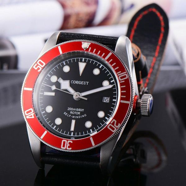 

wristwatches mens watch 41mm red bezel nh35 miyota8215 seagull automatic movement luminous silver 316l ss case sapphire glass swim deepwater, Slivery;brown