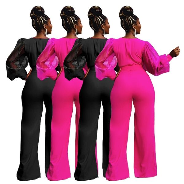 

women solid mesh patchwork jumpsuits autumn lady's deep v-neck full y sleeve sashes bodycon wide-leg rompers, Black;white