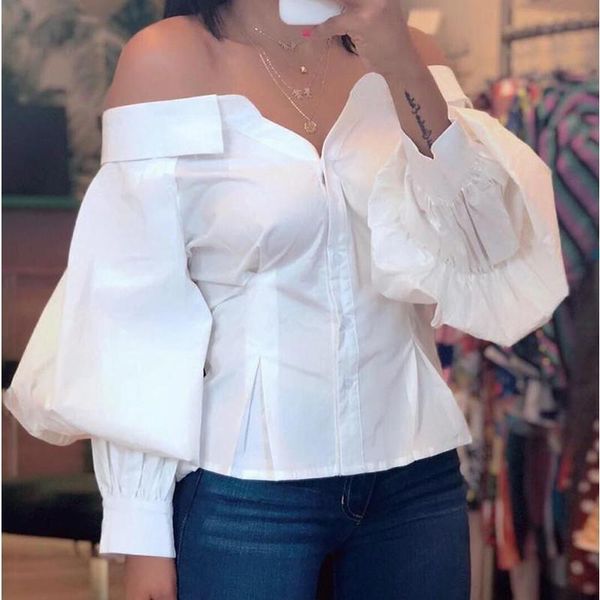 

slash neck lantern womens shirt long sleeve and streetwear clothes, White