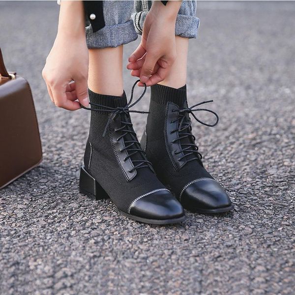 

boots stretch fabric socks women thick heels patchwork fashion botas mujer lace-up round toe short ankle botines footwear 2021, Black
