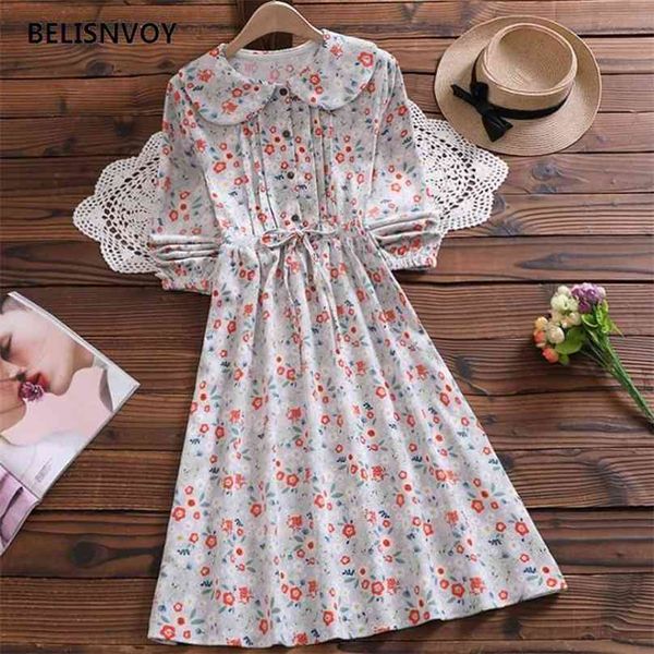 

mori girl elegant floral printed dress autumn winter women peter pan collar vestidos apricot long sleeve female corduroy 210520, Black;gray