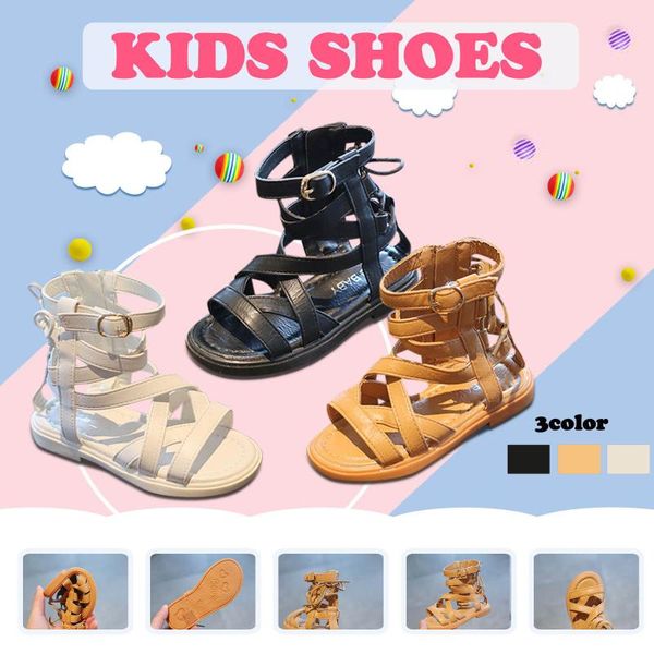 

sandals 2021 baby girls fashion cross hollow kids roman shoes non-slip leather flat summer beach high zipper, Black;red