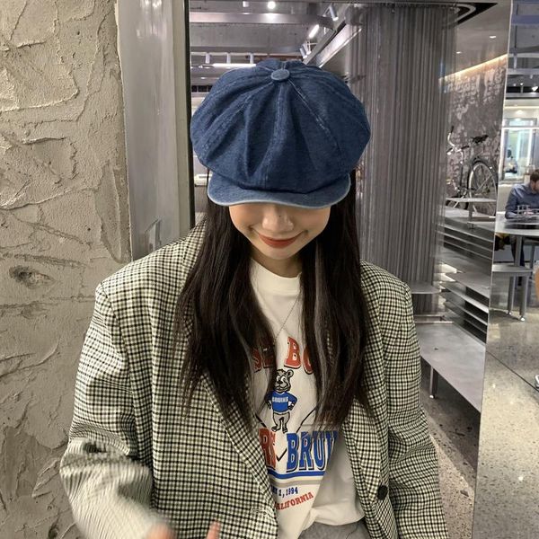 

spring girl style different wash cowboy octagonal beret painter hat berets, Blue;gray