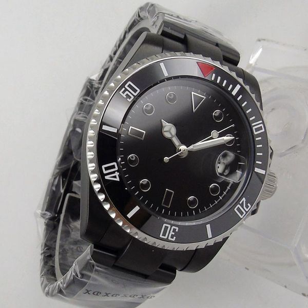 

wristwatches 40mm black sterile dial sapphire glass pvd coated ceramic bezel date case back automatic men's wristwatch, Slivery;brown