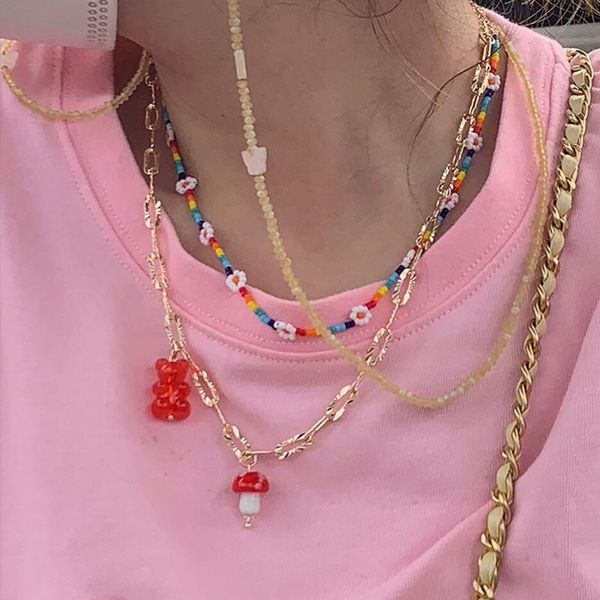 

chains harajuku red gummy bear mushroom charm choker necklace for women gold color long chain girl korean y2k boho jewelry, Silver