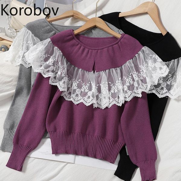 

women's sweaters korobov 2021 autumn winter chic women pullovers korean sweet lace patchwork ruffles vintage streetwear sueter mujer, White;black