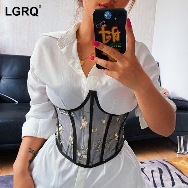 

[lgrq] women black bandage mesh patchwork slim waistband fashion tide embroidery print girdle belt spring summer 2021 19d1388 belts, Black;brown