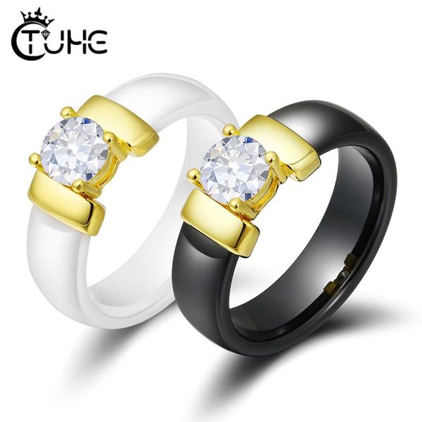 

cluster rings 6mm white black ceramic plus cubic zirconia for women gold color stainless steel wedding ring engagement jewelry, Golden;silver