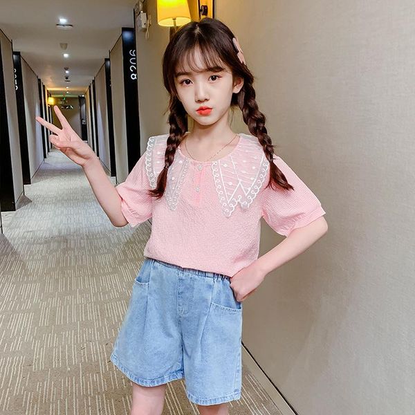 

clothing sets girls summer fashion gauze collar short sleeve + denim shorts kids clothes suit children 3-13 y outfits, White